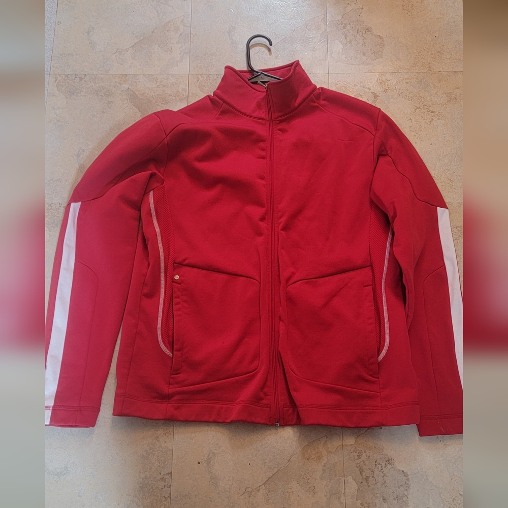 Solid Red Zip Up Jacket With Some White Striping … - image 1